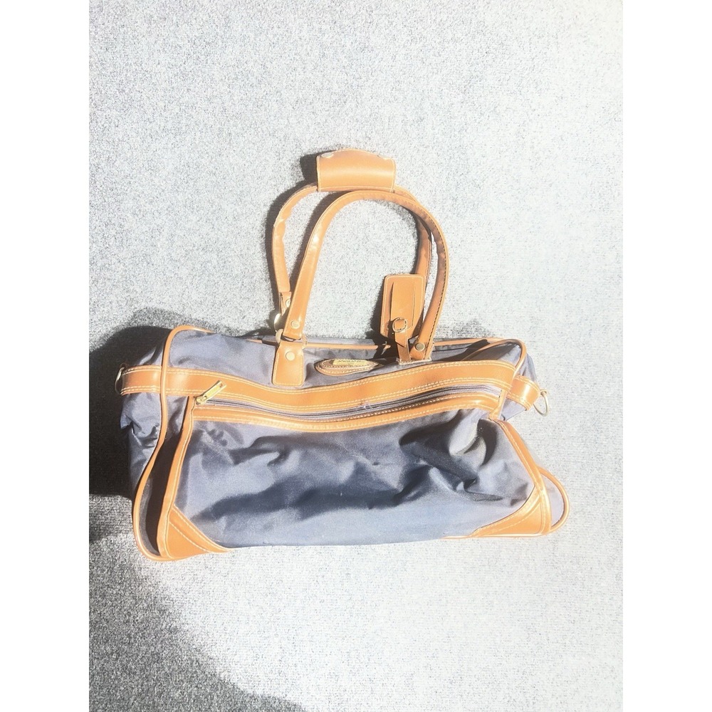 Jaguar Navy Blue Nylon Duffel Bag Tan Trim Travel Luggage Weekend‎ Bag